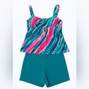 Kim Gravel Belle Tankini Swim Set w/ Shorts – Teal & Pink Abstract